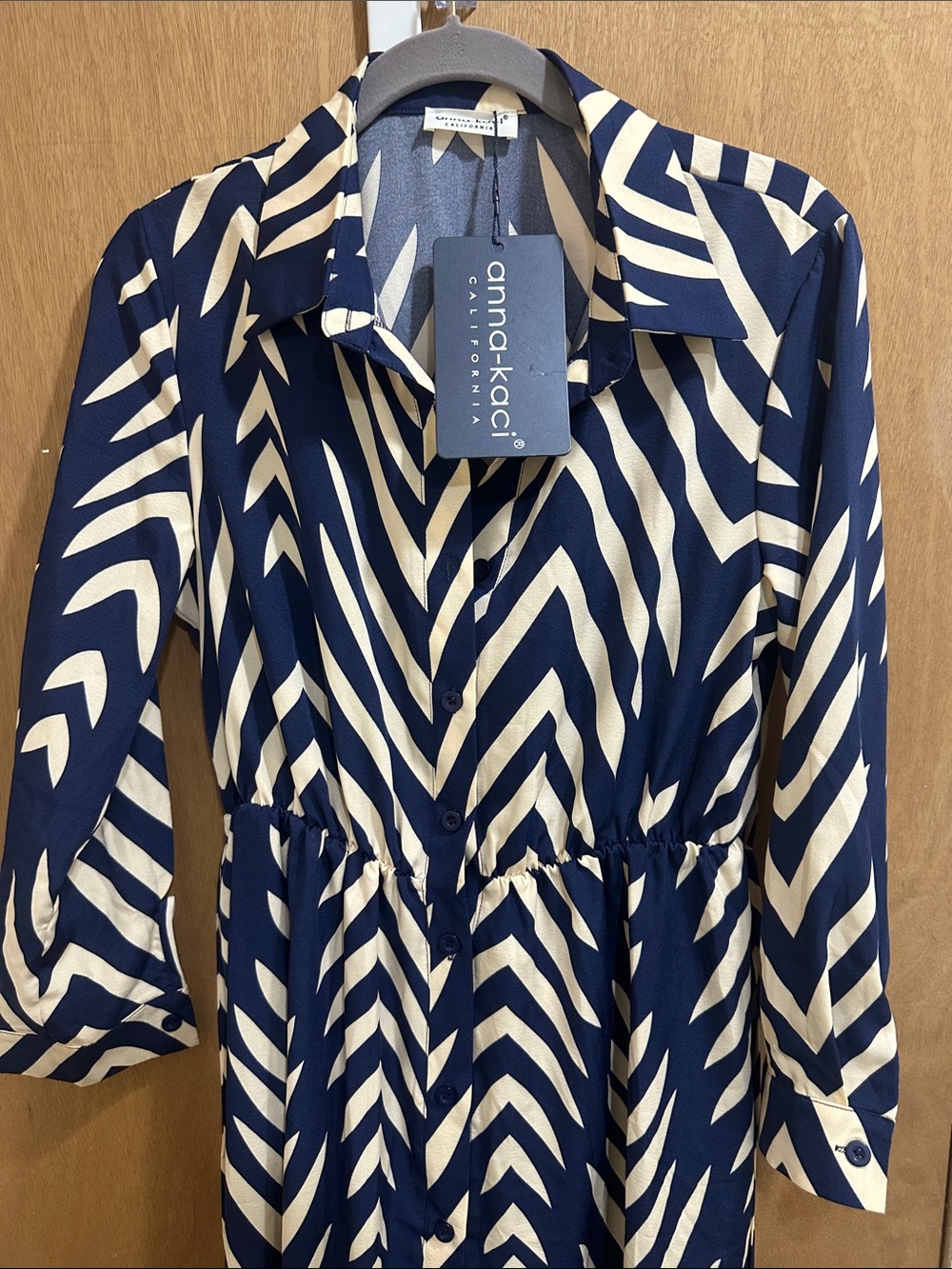 Anna-Kaci Navy and Cream Maxi Shirt Dress